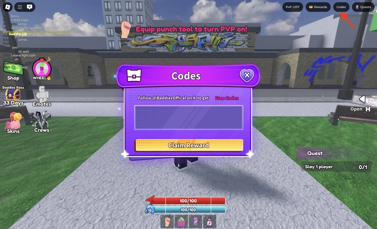 how to redeem codes in Baddies game on Roblox