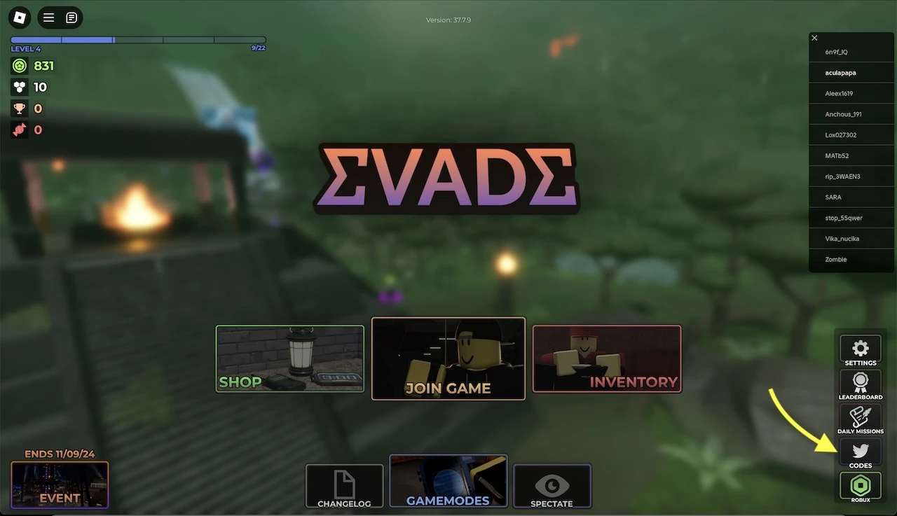 redeem code in Evade game on Roblox