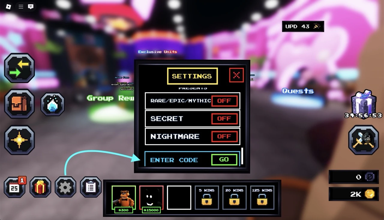 How to redeem codes in the Five Nights TD game on Roblox