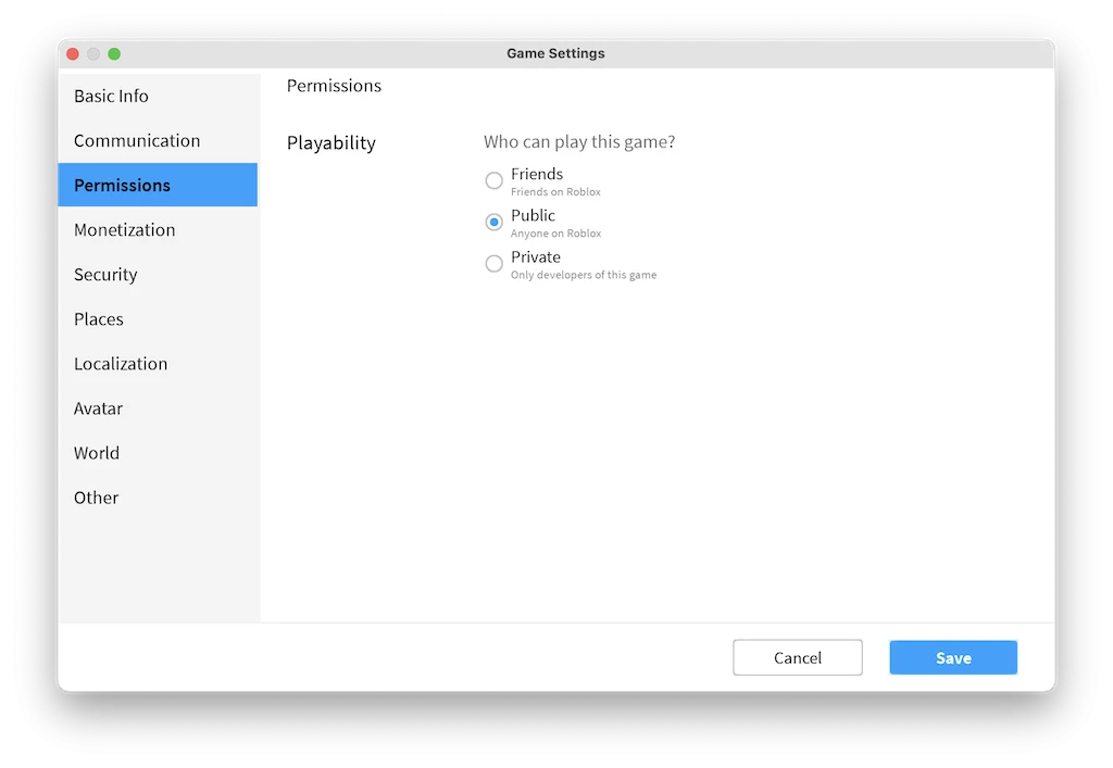 roblox game permissions public
