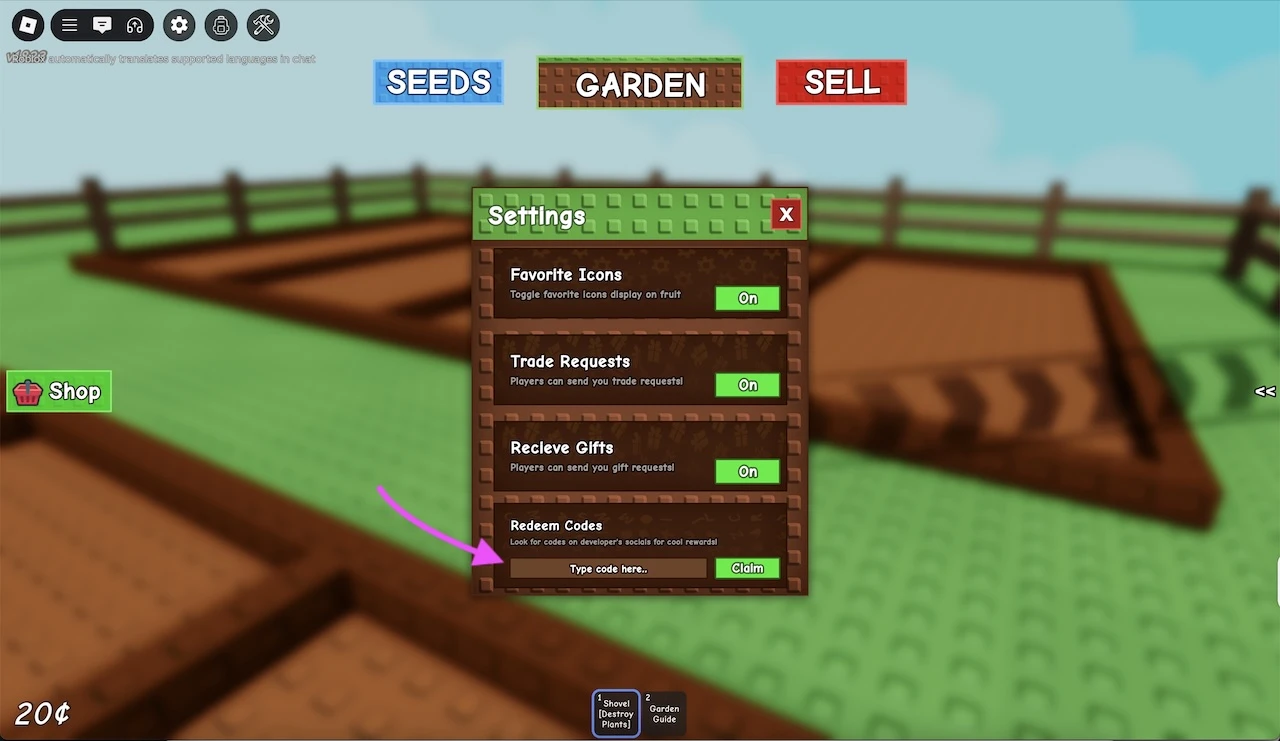 how to redeem codes in the Grow a Garden game on Roblox