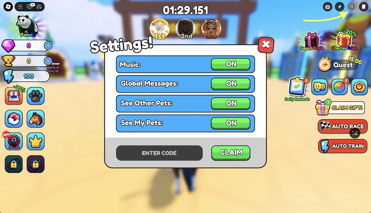 how to redeem codes in the Horse Race game on Roblox
