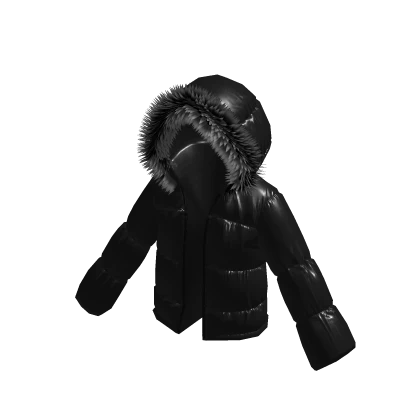 Glossy Leather Fur Hood Puffer Jacket - Black