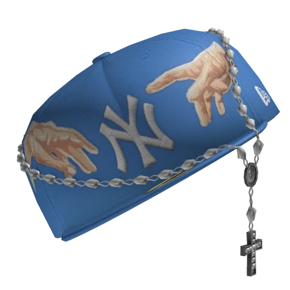 Blue NY Fitted Cap w/ Rosary (Sideways)