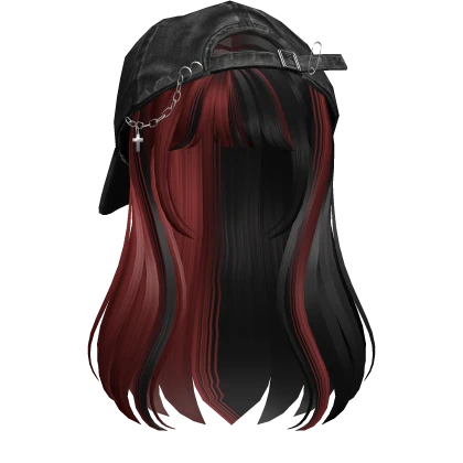 Red&Black long girl hair w/ Y2K Distressed Hat