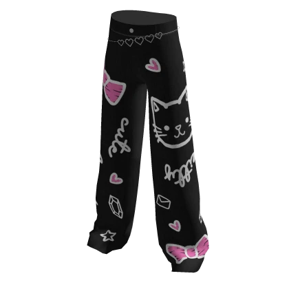 Cute Doodle Baggy Jeans with Chains - Black