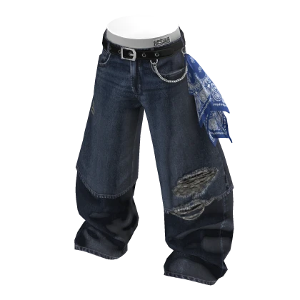 💗BANDANA DISTRESSED BAGGY JEANS_NAVY BLUE