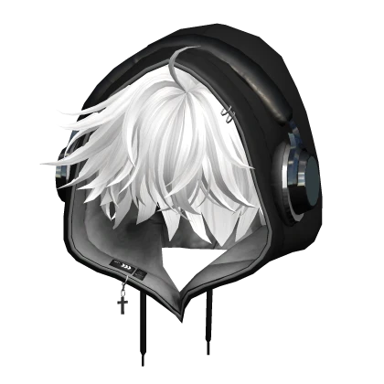White Messy Hair w/ Hoodie & Headphones