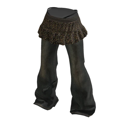 πY2K BOOTSCUT JEANS LAYERED SKIRT_BROWN/LEOPARD