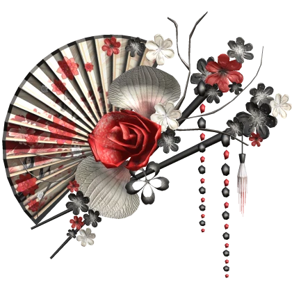 Black Red White Floral Traditional Japanese Fan