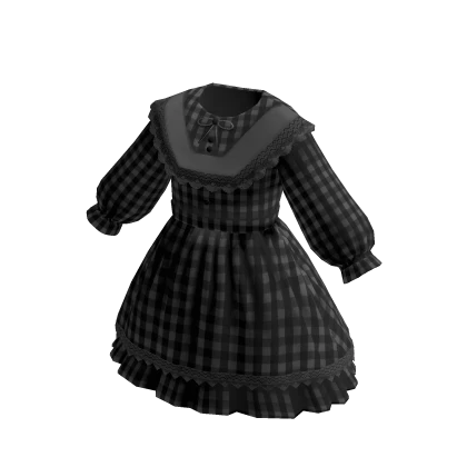 Vintage Plaid Lace Pleated Cottage Dress Black