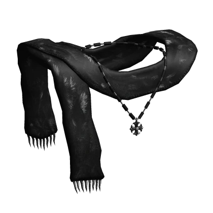 Black Fur Vintage Worn Neck Scarf w/ Chrome Rosary