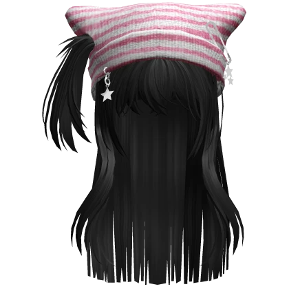 Black - Cute Preppy Pigtail w/ Y2K Cat Beanie