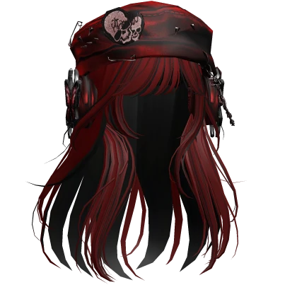 Red&Black Wispy Hair W/ Dark Red Skull Emo Beret