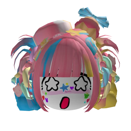Cute Starry Girl Face Messy Pink Blue Rainbow Hair