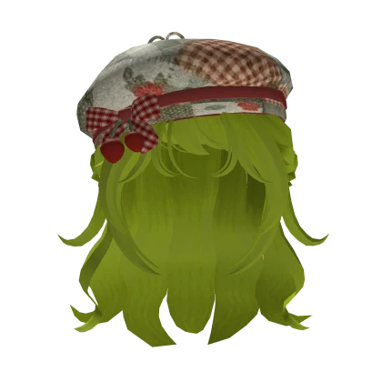 igari mori kei green hair with red cherry beret