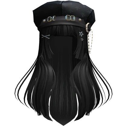 Hime cut Long Hair w/ Y2K Hat - Black