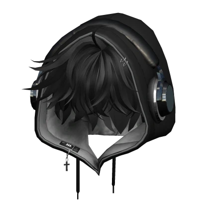 Black Messy Hair w/ Hoodie & Headphones