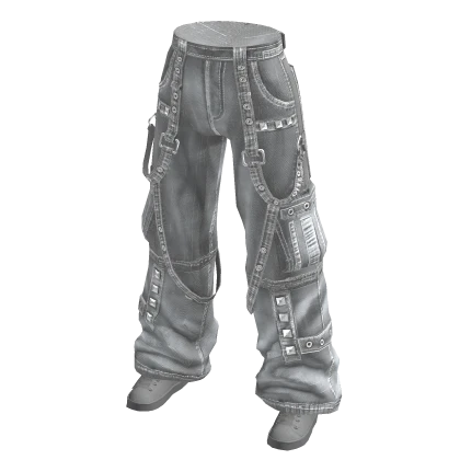 White Y2K Baggy Strap Cargo Jeans w/ Sneakers 