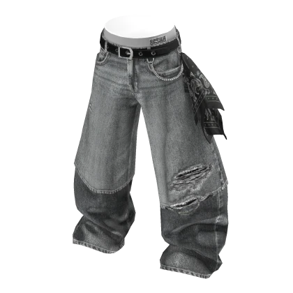 💗BANDANA DISTRESSED BAGGY JEANS_GREY