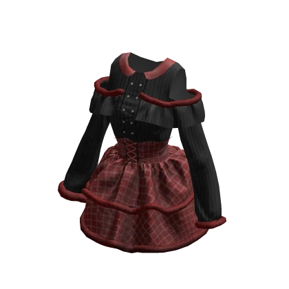 Black Red Jirai Kei Plaid Corseted Dress w/ Fur