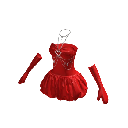 Red Valentine Mini Dress Gloves Heart Necklace