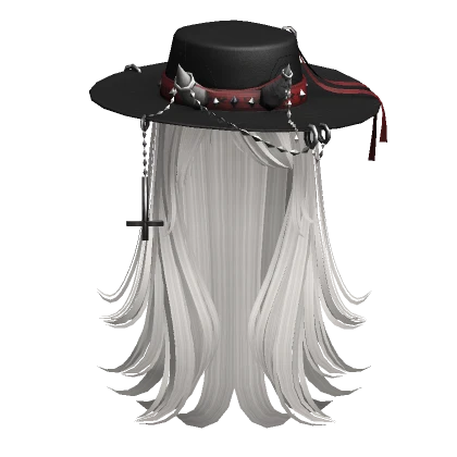 Long layered hair w/ Wide Brim Hat - White