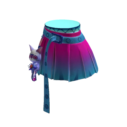 Pink&Blue Pleated Skirt w/ Oversized Belt&Cat ACCY