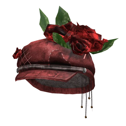 Red Grunge Leather Beret Hat With Roses