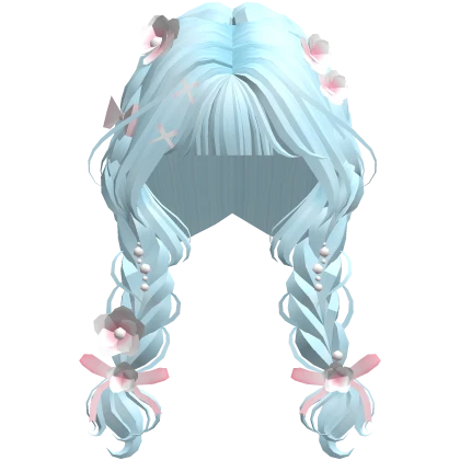Cute Blue Braided Pigtails with Pink Flowers