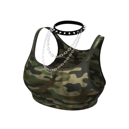 Baddie Camo Crop Top w/ Silver Chains Green Cami