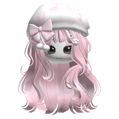 Kawaii Girl Wavy Hair w/ Beret & Face (Pink)