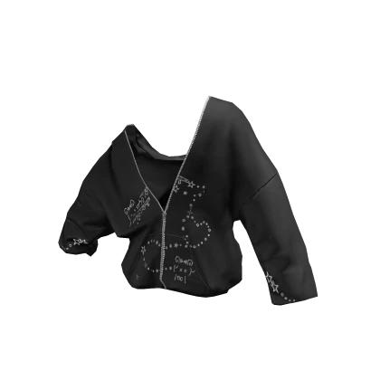 Off Shoulder Zipup Hoodie Black Jersey Graphic