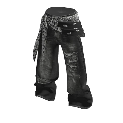 💜 Layered Wrapped Scarf Denim Pants_Black