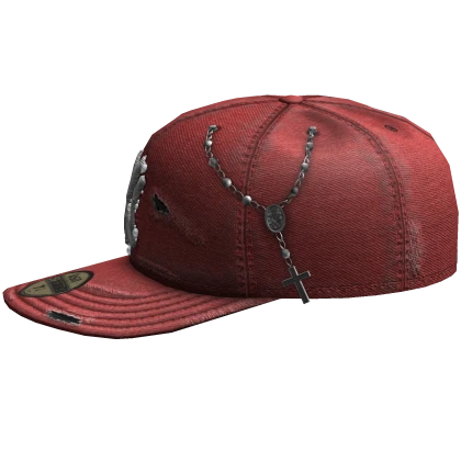 ✤ Red Distressed Fitted Cap with Rosary - Sideways