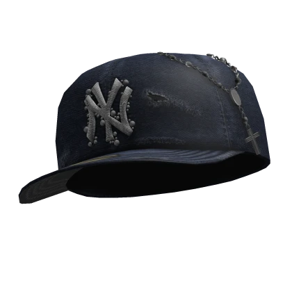 ✤ Blue Distressed Fitted Cap with Rosary - Forward