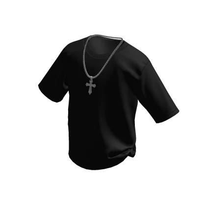 Black T-Shirt w/ Silver Cross Chain