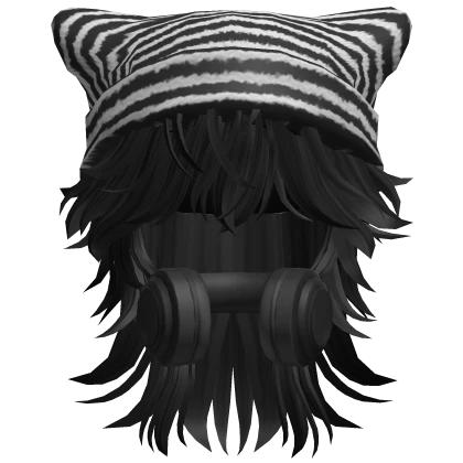 Wolf Cut Hair w/Y2K Headphones&Beanie Black