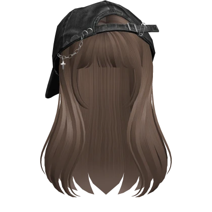 Brown long girl hair bangs w/ Y2K Distressed Hat