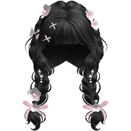 Cute Black Braided Pigtails with Pink Flowers
