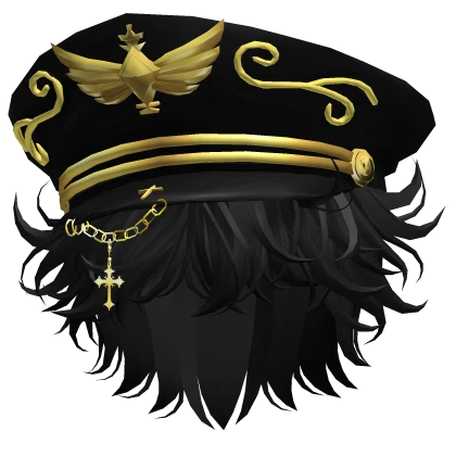 Black Messy Emo Hair W/ Black&Gold Captain Hat