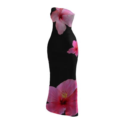 ʚ♡ɞ Black Maxi Dress with Hibiscus Floral Pattern