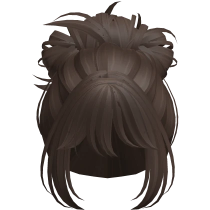 Dark Brown messy high bun with cute wispy bangs