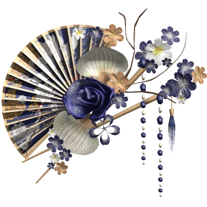 Blue Gold White Floral Traditional Japanese Fan