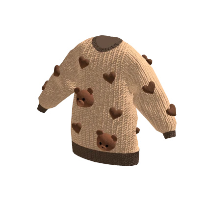 Oversized Cute Bear and Hearts Sweater - Brown