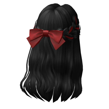 Flowy Half up Hair w/ Red Christmas Bow (Black)