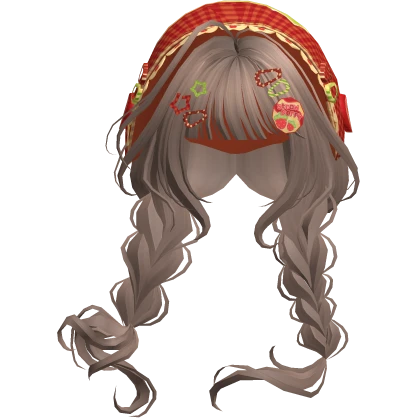 Milktea Brown Mori Kei Igari Braids w/ Red Bonnet
