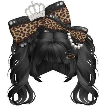 Gyaru Cute Black Messy Pigtails w Leopard Bows