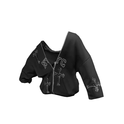Off Shoulder Zipup Hoodie Black Jersey Cross