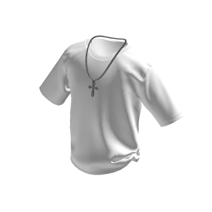 White T-Shirt w/ Silver Cross Chain